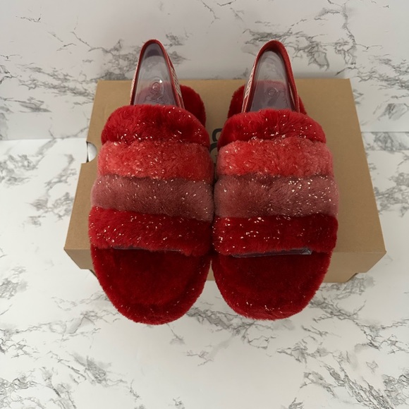 UGG Fluff Yeah Slingback Slippers Slides Red and Gold Glitter - Picture 5 of 10